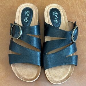 Eurosoft Black Leather Slide Sandals with Buckle